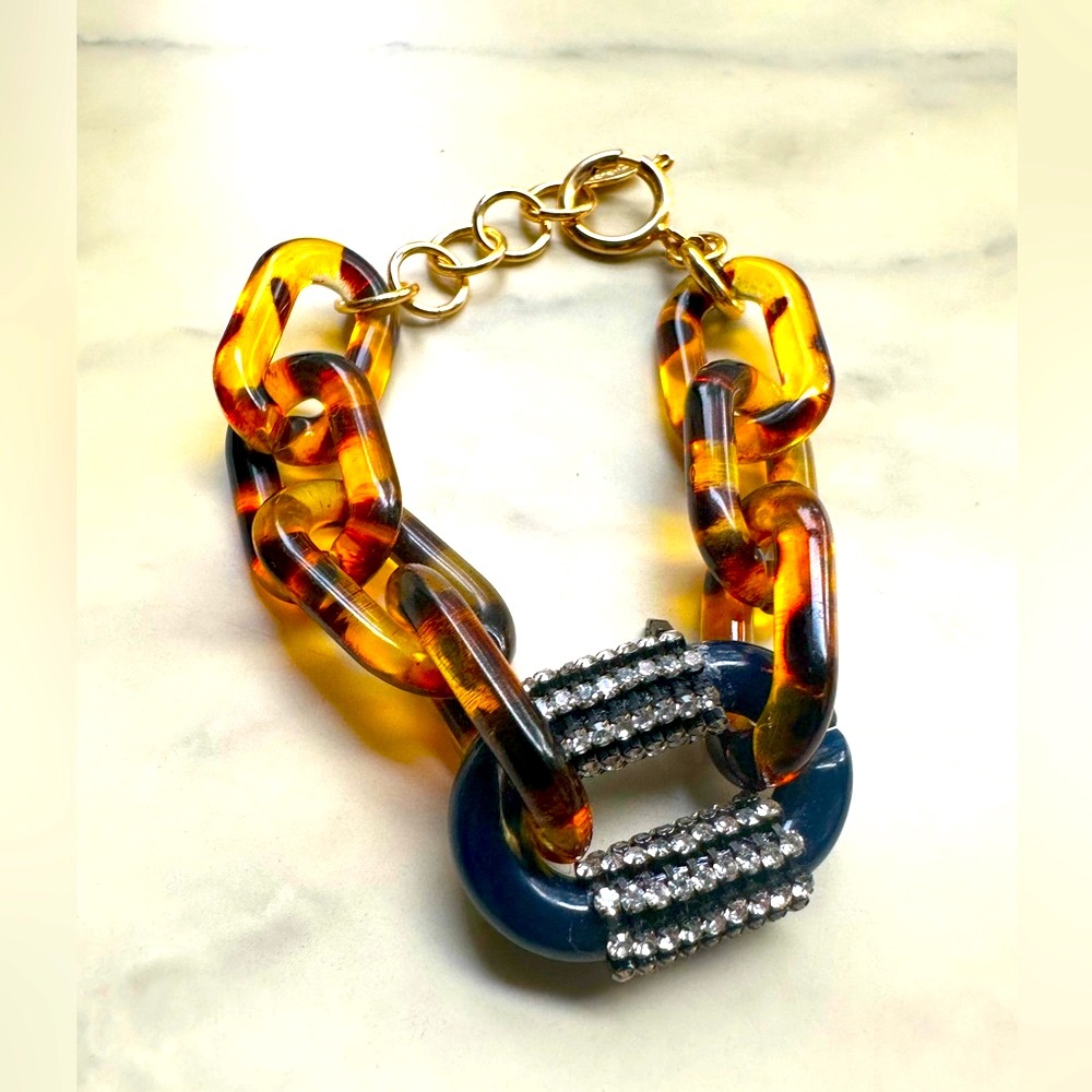 Anthropologie bracelet. 14K gold-plated brass, resin, cubic zirconia. 6"L, 1"W